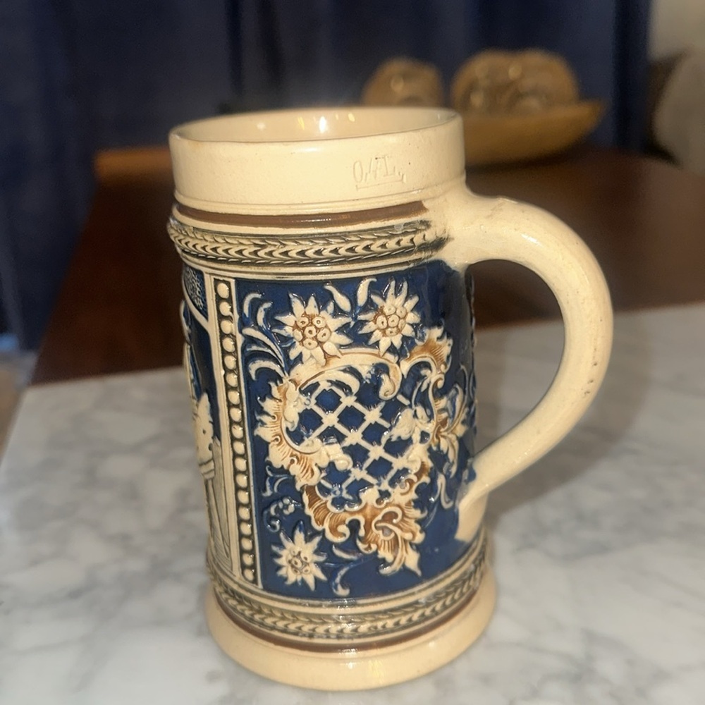 Vintage Ceramic Beer Stein with Blue and Cream Design - Picture 3 of 9